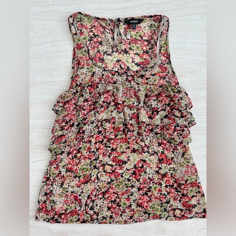 Express Ruffle Floral Semi Sheer Sleeveless Tank Blouse Top Pink Black XS